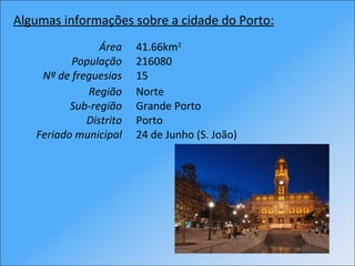 Algumas informações sobre a cidade do Porto: Área 41.66km 2 População 216080 Nº de freguesias 15 Região Norte Sub-região G...