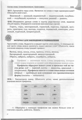 217. Прочитайте пары слов. Являются ли слова в паре однокоренными?
Обоснуйте свой ответ.
Виновный — винный; водянистый — водительский; голубень­
кий — голубиный; купаться — покупка; ранний — ранить.
218. Объедините данные слова в группы родственных слов, выделив
общий корень. Определите значение омонимичных корней.
Гореть, горы, несгораемый, гористый, горелка, горный, заго­
реть, пригорок; год, выгода, годится, годовалый, ежегодно, угод­
ливый, годичный, непригодный.
Состав слова. Словообразование. Орфография 131
МАТЕРИАЛ ДЛЯ НАБЛЮДЕНИЯ И РАЗМЫШЛЕНИЯ
Прочитайте слова. Выделите в каждой группе слов корень С помощью ка­
кой части слова можно различить смысл данных слов? Объясните, какое
значение каждому слову придаёт префикс.
Выход, вход, заход, уход, приход, отход, восход.
Загородный, пригородный, междугородный.
Убрать, забрать, набрать, подобрать, добрать.
|ь Префикс — значимая часть слова (морфема), которая
стоит перед корнем и служит для образования новых слов.
Префиксы образуют новые слова в пределах той же ча­
сти речи: ход — переход, нести — вынести, красивый —
некрасивый. Префиксы вносят в слово смысловые оттенки
{добрый — предобрый) или изменяют его грамматическую
форму (писать — написать).
219. Рассмотрите схему. Объясните устно, какие дополнительные
значения вносят префиксы.
за- от- об- о-
до- в-
на- клеить рас­
при- с-
пере- под- про- вы-
II. Образуйте с помощью префиксов как можно больше слов от
глаголов слушать, работать, бежать.
5*
 