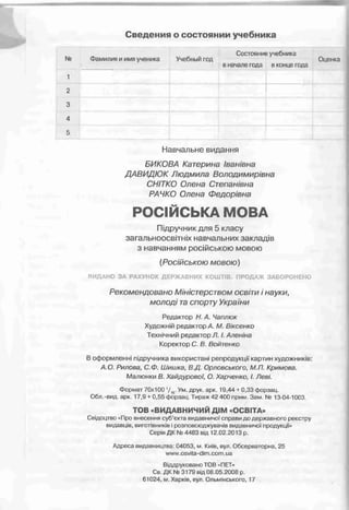 Сведения о состоянии учебника
Состояние учебника
№ Фамилия иимяученика Учебный год Оценка
вначале года в концегода
1
2
3
4
5
Навчальне видання
БИКОВА Катерина Іванівна
ДАВИДЮК Людмила Володимирівна
СНІТКО Олена Степанівна
РАЧКО Олена Федорівна
РОСІЙСЬКА МОВА
Підручник для 5 класу
загальноосвітніх навчальних закладів
з навчанням російською мовою
(Російською мовою)
ВИДАНО ЗА РАХУНОК ДЕРЖАВНИХ КОШТІВ. ПРОДАЖ ЗАБОРОНЕНО
Рекомендовано Міністерством освіти і науки,
молоді таспорту України
Редактор Н. А. Чаплюк
Художній редактор А. М. Віксенко
Технічний редактор Л. І. Аленіна
Коректор С. В. Войтенко
В оформленні підручника використані репродукції картин художників:
А.О. Рилова, С.Ф. Шишка, В.Д. Орловського, М.П. Кримова.
Малюнки В. Хайдурової, О. Харченко, І. Леві.
Формат 70x100 ’/16-Ум. друк. арк. 19,44 + 0,33 форзац.
Обл.-вид. арк. 17,9 + 0,55 форзац. Тираж 42 400 прим. Зам. № ІЗ-О^ООЗ.
ТО В «ВИДАВНИЧИЙ ДІМ «ОСВІТА»
Свідоцтво «Про внесення суб’єкта видавничої справи до державного реєстру
видавців, виготівників і розповсюджувачів видавничої продукції •
Серія ДК № 4483 від 12.02.2013 р.
Адреса видавництва: 04053, м. Київ, вул. Обсерваторна, 25
wwi".osvita-dim.com.ua
Віддруковано TOB «ПЕТ»
Св. ДК № 3179 від 08.05.2008 р.
61024, м. Харків, вул. Ольмінського, 17
 