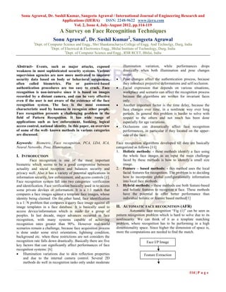 Sonu Agrawal, Dr. Sushil Kumar, Sangeeta Agrawal / International Journal of Engineering Research and
                        Applications (IJERA) ISSN: 2248-9622 www.ijera.com
                               Vol. 2, Issue 4, July-August 2012, pp.114-119
                              A Survey on Face Recognition Techniques
                          Sonu Agrawal1, Dr. Sushil Kumar2, Sangeeta Agrawal
           1
               Dept. of Computer Science and Engg., Shri Shankaracharya College of Engg. And Technolgy, Durg, India
                         2
                           Dept. of Electrical & Electronics Engg., Bhilai Institute of Technology, Durg, India
                                    3
                                     Dept. of Computer Science and Engg., RSR RCET, Bhilai, India


Abstract- Events, such as major attacks, exposed                        illumination variation, while performances drops
weakness in most sophisticated security systems. Various                drastically when both illumination and pose changes
supervision agencies are now more motivated to improve                  occur.
security data based on body or behavioral uniqueness,                  Pose changes affect the authentication process, because
often called biometrics. Pin or password-based                          they introduce projective deformations and self occlusion.
authentication procedures are too easy to crack. Face                  Facial expression that depends on various situations,
recognition is non-intrusive since it is based on images                workplace and scenario can affect the recognition process
recorded by a distant camera, and can be very effective                 because the algorithms are written for invariant faces
even if the user is not aware of the existence of the face              only.
recognition system. The face is the most common                        Another important factor is the time delay, because the
characteristic used by humans to recognize other people.                face changes over time, in a nonlinear way over long
Face recognition presents a challenging problem in the                  periods. In general this problem is harder to solve with
field of Pattern Recognition. It has wide range of                      respect to the others and not much has been done
applications such as law enforcement, banking, logical                  especially for age variations.
access control, national identity. In this paper, an overview          Occlusions can dramatically affect face recognition
of some of the well- known methods in various categories                performances, in particular if they located on the upper-
are discussed.                                                          side of the face.

Keywords: Biometric, Face recognition, PCA, LDA, ICA,               Face recognition algorithms developed till date are basically
Neural Networks, Pose, Illumination.                                categorized as follows [11]
                                                                    1. Holistic methods: - these methods identify a face using
I. INTRODUCTION                                                         the whole face images as an input the main challenge
          Face recognition is one of the most important                 faced by these methods is how to identify a small size
biometric which seems to be a good compromise between                   image.
actuality and social reception and balances security and            2. Feature – based methods: - this method uses the local
privacy well. Also it has a variety of potential applications in        facial features for recognition. The problem is to deciding
information security, law enforcement, and access controls [1].         how to incorporate global configurationally information
Face recognition system fall into two categories: verification          into local face methods.
and identification. Face verification basically used in to access   3. Hybrid methods: - these methods use both feature-based
some private devices or information. It is a 1:1 match that             and holistic features to recognize a face. These methods
compares a face images against a template face images, whose            have the potential to offer better performance than
identity being claimed .On the other hand, face identification          individual holistic or feature based method[1]
is a 1: N problem that compares a query face image against all
image templates in a face database. It is basically used to         II. AUTOMATIC FACE RECOGNITION (AFR)
access device/information which is made for a group of                       Automatic face recognition “Fig (1)” can be seen as
peoples. In last decade, major advances occurred in face            pattern recognition problem which is hard to solve due to its
recognition, with many systems capable of achieving                 nonlinearity. We can think of it as a template matching
recognition rates greater than 90%. However real-world              problem, where recognition has to be performing in a high
scenarios remain a challenge, because face acquisition process      dimensionality space. Since higher the dimension of space is,
is done under some strict orientation, lightning condition,         more the computations are needed to find the match.
background etc. when these restrictions are not considers the
recognition rate falls down drastically. Basically there are five                       Face I/P Image
key factors that can significantly affect performances of face
recognition systems: [6]
 Illumination variations due to skin reflection properties                           Feature Extraction
     and due to the internal camera control. Several 2D
     methods do well in recognition tasks only under moderate

                                                                                                                     114 | P a g e
 