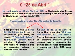 Na madrugada de 25 de Abril de 1974 o Movimento das Forças
Armadas leva a cabo uma ação revolucionária que pôs fim ao regime
de ditadura que vigorava desde 1926.

       Coordenação do major Otelo Saravaiva de Carvalho



 Inicio por volta das 23 horas   Às 0:20 do dia 25 de Abril, foi
 do dia 24 de Abril, com a       transmitida a canção “Grândola
 transmissão, pela rádio, da     Vila Morena”, de José Afonso.
 canção “E Depois do Adeus”,     Estava dado o sinal de que todas
 de Paulo de Carvalho. Era a     as unidades militares podiam
 primeira     indicação    aos   avançar para a ocupação dos
 envolvidos no processo que      pontos considerados estratégicos
 as operações estavam a          – aeroportos, rádio, RTP, entre
 decorrer como previsto.         outros
 