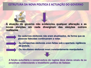A atuação do governo não evidenciou qualquer alteração e as
novas eleições em nada divergiram das eleições outrora
realizadas

          Os cadernos eleitorais não eram atualizados, de forma que as
          pessoas falecidas continuavam a votar.
          As campanhas eleitorais eram feitas sob a apertada vigilância
          da policia.
          Os resultados eleitorais eram constantemente manipulados



  A feição autoritária e conservadora do regime dava claros sinais de se
  perpetuar, evidenciando o imobilismo politico de Salazar.
 