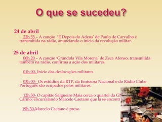 24 de abril
    22h 55 – A canção „E Depois do Adeus‟ de Paulo de Carvalho é
  transmitida na rádio, anunciando o início da revolução militar.

25 de abril
    00h 20 – A canção „Grândola Vila Morena‟ de Zeca Afonso, transmitida
  também na rádio, confirma a ação dos militares.

    01h 00- Início das deslocações militares.

    03h 00- Os estúdios da RTP, da Emissora Nacional e do Rádio Clube
  Português são ocupados pelos militares.

   12h 30- O capitão Salgueiro Maia cerca o quartel da GNR, no largo do
  Carmo, encurralando Marcelo Caetano que lá se encontrava refugiado.

   19h 30-Marcelo Caetano é preso.
 