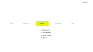 Idea
NewCo 2017
Research Design Prototype Test
01. Inspiration
02. Wireframes
03. Final Design
04. Share
 