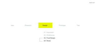 Idea
NewCo 2017
Research Design Prototype Test
01. Inspiration
02. Wireframes
03. Final Design
04. Share
 