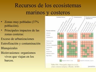 Recursos de los ecosistemas
marinos y costeros
• Zonas muy pobladas (37%
población).
• Principales impactos de las
zonas costeras:
Exceso de urbanizaciones
Eutrofización y contaminación
Blanquizales
Bioinvasiones: organismos
vivos que viajan en los
barcos.
 