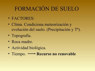 FORMACIÓN DE SUELO
• FACTORES:
• Clima. Condiciona meteorización y
evolución del suelo. (Precipitación y Tª).
• Topografía.
• Roca madre.
• Actividad biológica.
• Tiempo. Recurso no renovable
 