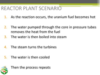 1. As the reaction occurs, the uranium fuel becomes hot
2. The water pumped through the core in pressure tubes
removes the heat from the fuel
3. The water is then boiled into steam
4. The steam turns the turbines
5. The water is then cooled
6. Then the process repeats
REACTOR PLANT SCENARIO
 