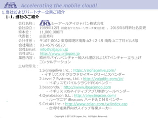 Copyright © 2015 CRI Japan, Inc. All Rights Reserved.
Accelerating the mobile cloud!
会社名称： シーア―ルアイジャパン株式会社
会社設立： 1989年12月（...