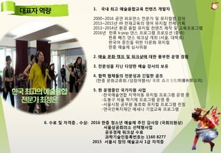 6. 수료 및 자격증 , 수상: 2016 한중 청소년 예술제 추진 감사장 (국회의원상)
서울상공회의소 선택형사업
공유경제 워크샵 수료
과학기술인등록번호는 1160 8277
2015 서울시 창의 예술교사 1급 자격증
1. 국내 최고 예술융합교육 컨텐츠 개발자
2000~2016 공연 퍼포먼스 전문가 및 뮤지컬법 강의
2013~2015년 ㈜ 천재교육의 영어 뮤지컬 전체 기획
2013~2014년 환경 융합 뮤지컬 컨텐츠 제작 및 교육프로그램
2016년 한류 k-pop 댄스 프로그램 프로모션 (중국)
한류 째즈 댄스 워크샾 개최 (서울, 대학로)
한국어 증진을 위한 다문화 뮤지컬
한중 예술제 심사위원
2. 예술 문화 캠프 및 워크샾에 대한 풍부한 운영 경험
3. 전문성을 지닌 다양한 예술 강사의 보유
4. 협력 협체들의 전문성과 긴밀한 공조
(한중 문화교류회 /성창여행사/ 重庆 淼音文化传播有限公司)
5. 현 운영중인 국가지원 사업
-한국예술연합 지역아동 뮤지컬 프로그램 운영 중
-도봉구 자율 학기제 프로그램 운영 중
-서울시청 공무원 동호회 뮤지컬 프로그램 런칭
-연극인복지재단 메세나 기업교육 프로그램
 