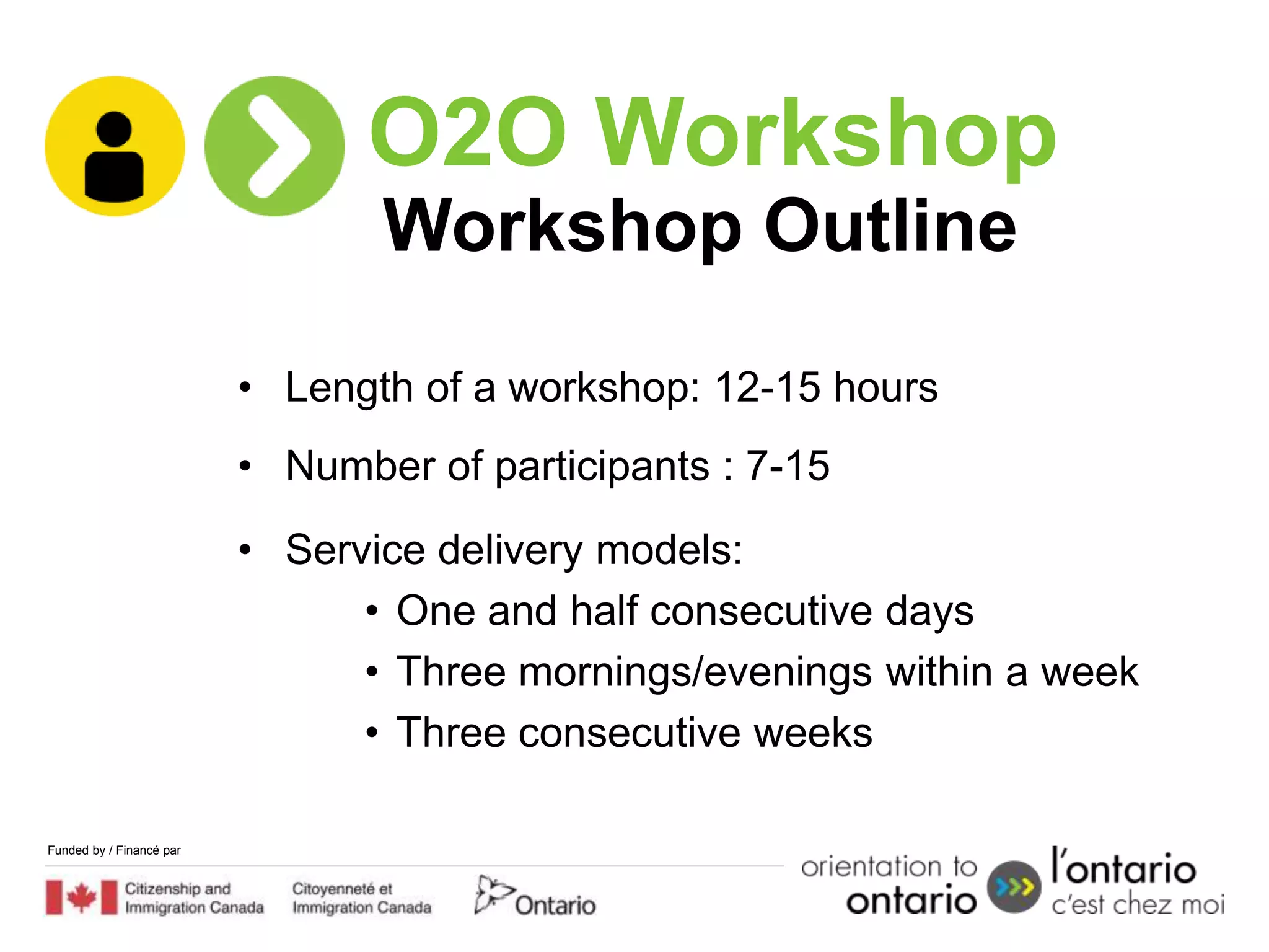 O2O Workshop
                                 Workshop Outline

                          • Length of a workshop: 12-15 hours
                          • Number of participants : 7-15
                          • Service delivery models:
                                • One and half consecutive days
                                • Three mornings/evenings within a week
                                • Three consecutive weeks

Funded by / Financé par
 