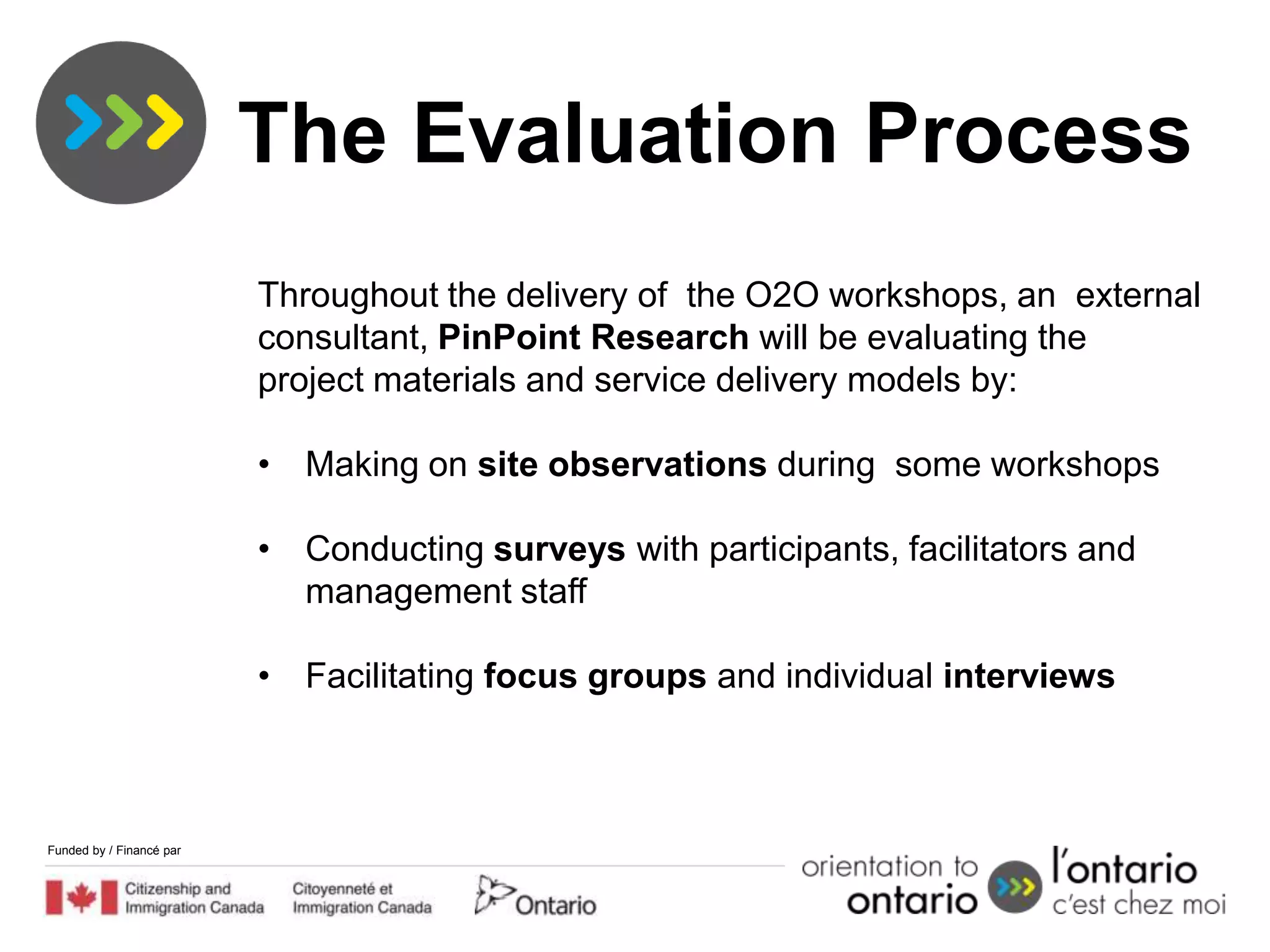 The Evaluation Process
                          Throughout the delivery of the O2O workshops, an external
                          consultant, PinPoint Research will be evaluating the
                          project materials and service delivery models by:

                          • Making on site observations during some workshops

                          • Conducting surveys with participants, facilitators and
                            management staff

                          • Facilitating focus groups and individual interviews



Funded by / Financé par
 