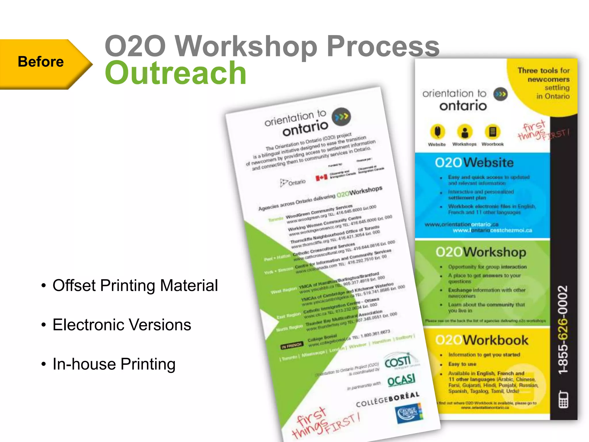 Before
                          O2O Workshop Process
                          Outreach




      • Offset Printing Material

      • Electronic Versions

      • In-house Printing
Funded by / Financé par
 