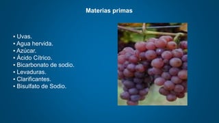Materias primas
▪ Uvas.
▪ Agua hervida.
▪ Azúcar.
▪ Ácido Cítrico.
▪ Bicarbonato de sodio.
▪ Levaduras.
▪ Clarificantes.
▪ Bisulfato de Sodio.
 