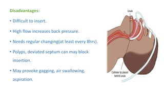 Disadvantages:
• Difficult to insert.
• High flow increases back pressure.
• Needs regular changing(at least every 8hrs).
• Polyps, deviated septum can may block
insertion.
• May provoke gagging, air swallowing,
aspiration.
 
