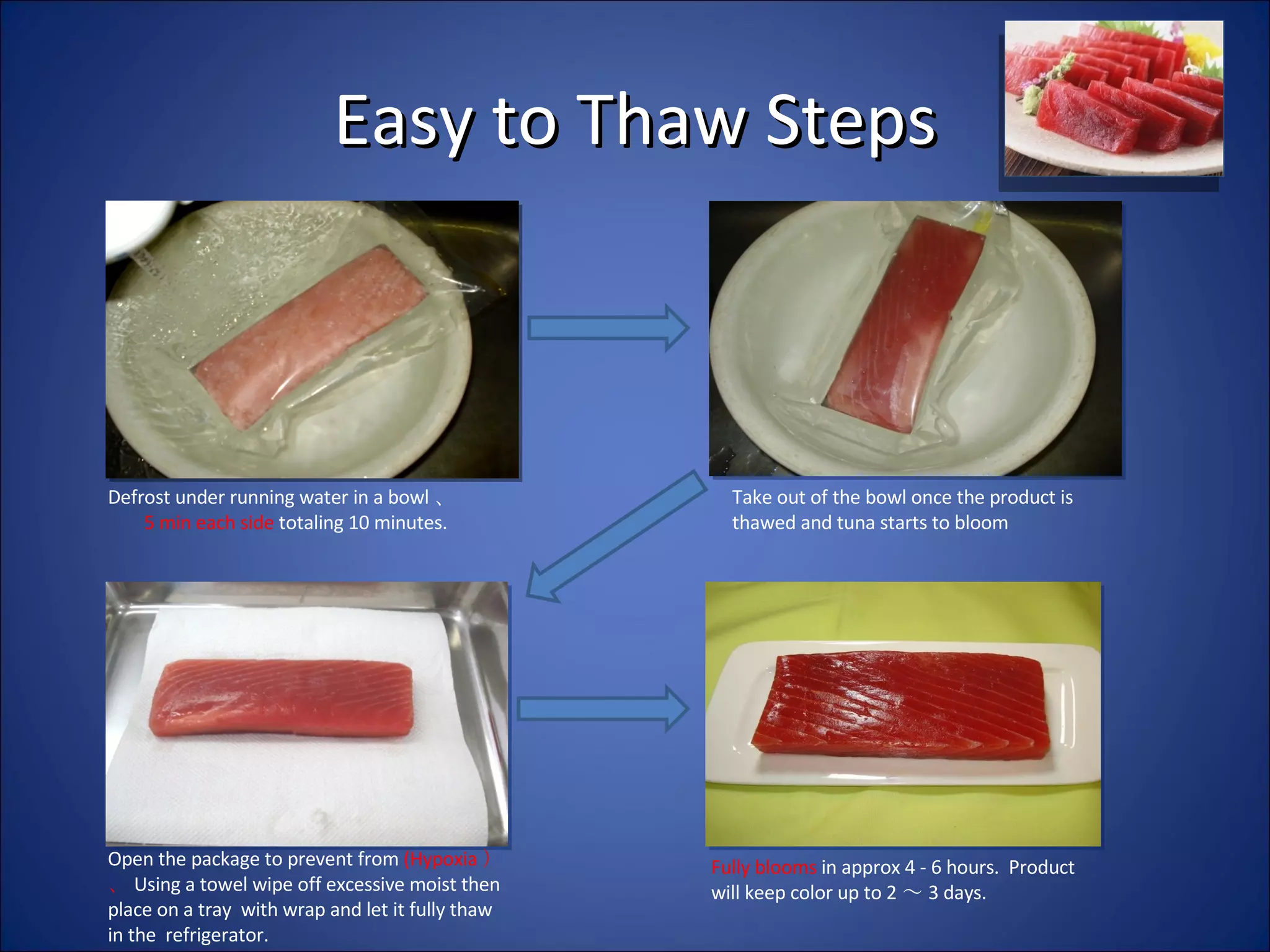 Easy to Thaw Steps Defrost under running water in a bowl 、  5 min each side  totaling 10 minutes. Take out of the bowl once the product is thawed and tuna starts to bloom Open the package to prevent from  (Hypoxia ） 、 Using a towel wipe off excessive moist then place on a tray  with wrap and let it fully thaw in the  refrigerator. Fully blooms  in approx 4 - 6 hours.  Product will keep color up to 2 ～ 3 days.   