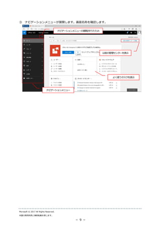 Microsoft © 2017 All Rights Reserved.
本書の商用利用と無断転載を禁じます。
－ 9 －
③ ナビゲーションメニューが展開します。画面名称を確認します。
ナビゲーションメニューの展開/折りたたみ
ナビゲーションメニュー
以前の管理センターを表示
よく使うタスクを表示
 