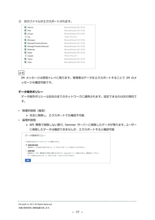 Microsoft © 2017 All Rights Reserved.
本書の商用利用と無断転載を禁じます。
－ 77 －
③ 次のファイルがエクスポートされます。
メモ
IM メッセージは受信トレイに残ります。管理者はデータをエクスポートすることで IM のメ
ッセージも確認可能です。
データ保存ポリシー
データ保存ポリシーは会社の全てのネットワークに適用されます。設定できるのは次の項目で
す。
• 物理的削除（推奨）
 完全に削除し、エクスポートでも確認不可能
• 論理的削除
 API 開発で削除しない限り、Yammer サーバーに削除したデータが残ります。ユーザー
に削除したデータは確認できませんが、エクスポートすると確認可能
 