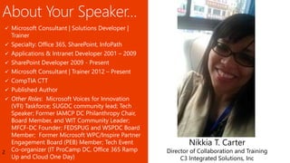 2
 Microsoft Consultant | Solutions Developer |
Trainer
 Specialty: Office 365, SharePoint, InfoPath
 Applications & Intranet Developer 2001 – 2009
 SharePoint Developer 2009 - Present
 Microsoft Consultant | Trainer 2012 – Present
 CompTIA CTT
 Published Author
 Other Roles: Microsoft Voices for Innovation
(VFI) Taskforce; SUGDC community lead; Tech
Speaker; Former IAMCP DC Philanthropy Chair,
Board Member, and WIT Community Leader;
MFCF-DC Founder; FEDSPUG and WSPDC Board
Member; Former Microsoft WPC/Inspire Partner
Engagement Board (PEB) Member; Tech Event
Co-organizer (IT ProCamp DC, Office 365 Ramp
Up and Cloud One Day)
Nikkia T. Carter
Director of Collaboration and Training
C3 Integrated Solutions, Inc
 