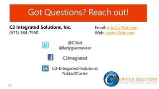 Got Questions? Reach out!
C3 Integrated Solutions, Inc.
(571) 384-7950
Email: info@c3isit.com
Web: www.c3isit.com
@C3isit
@ladygwenavear
C3Integrated
C3-Integrated-Solutions
NikkiaTCarter
 