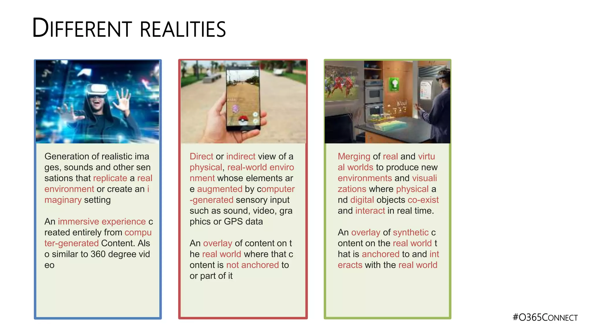 #O365CONNECT
DIFFERENT REALITIES
Merging of real and virtu
al worlds to produce new
environments and visuali
zations where physical a
nd digital objects co-exist
and interact in real time.
An overlay of synthetic c
ontent on the real world t
hat is anchored to and int
eracts with the real world
MIXED REALITY
Direct or indirect view of a
physical, real-world enviro
nment whose elements ar
e augmented by computer
-generated sensory input
such as sound, video, gra
phics or GPS data
An overlay of content on t
he real world where that c
ontent is not anchored to
or part of it
AUGMENTED REALITY
Generation of realistic ima
ges, sounds and other sen
sations that replicate a real
environment or create an i
maginary setting
An immersive experience c
reated entirely from compu
ter-generated Content. Als
o similar to 360 degree vid
eo
VIRTUAL REALITY
 