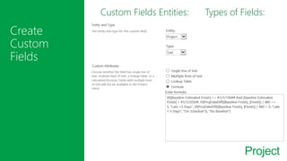 Project
Custom Fields Entities:
 Projects
 Resources
 Tasks
Types of Fields:
 Cost
 Date
 Duration
 Flag
 Number
 Text
 