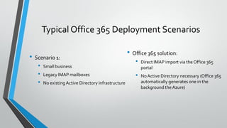 Typical Office 365 Deployment Scenarios
• Scenario 1:
• Small business
• Legacy IMAP mailboxes
• No existing Active Directory Infrastructure
• Office 365 solution:
• Direct IMAP import via the Office 365
portal
• NoActive Directory necessary (Office 365
automatically generates one in the
background the Azure)
 