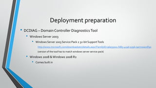 Deployment preparation
• DCDIAG – Domain Controller DiagnosticsTool
• Windows Server 2003
• Windows Server 2003 Service Pack 2 32-bit SupportTools
http://www.microsoft.com/downloads/en/details.aspx?FamilyID=96a35011-fd83-419d-939b-9a772ea2df90
(version of the tool has to match windows server service pack(
• Windows 2008 &Windows 2008 R2
• Comes built in
 