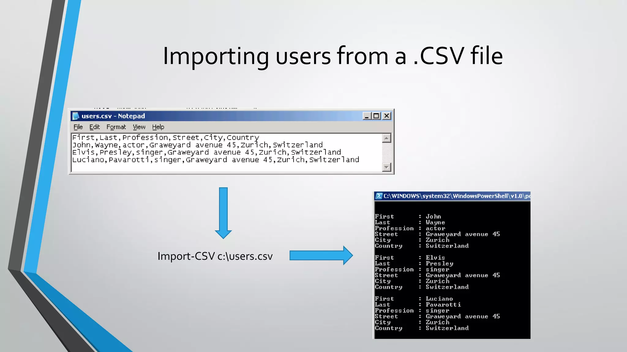 Importing users from a .CSV file
Import-CSV c:users.csv
 