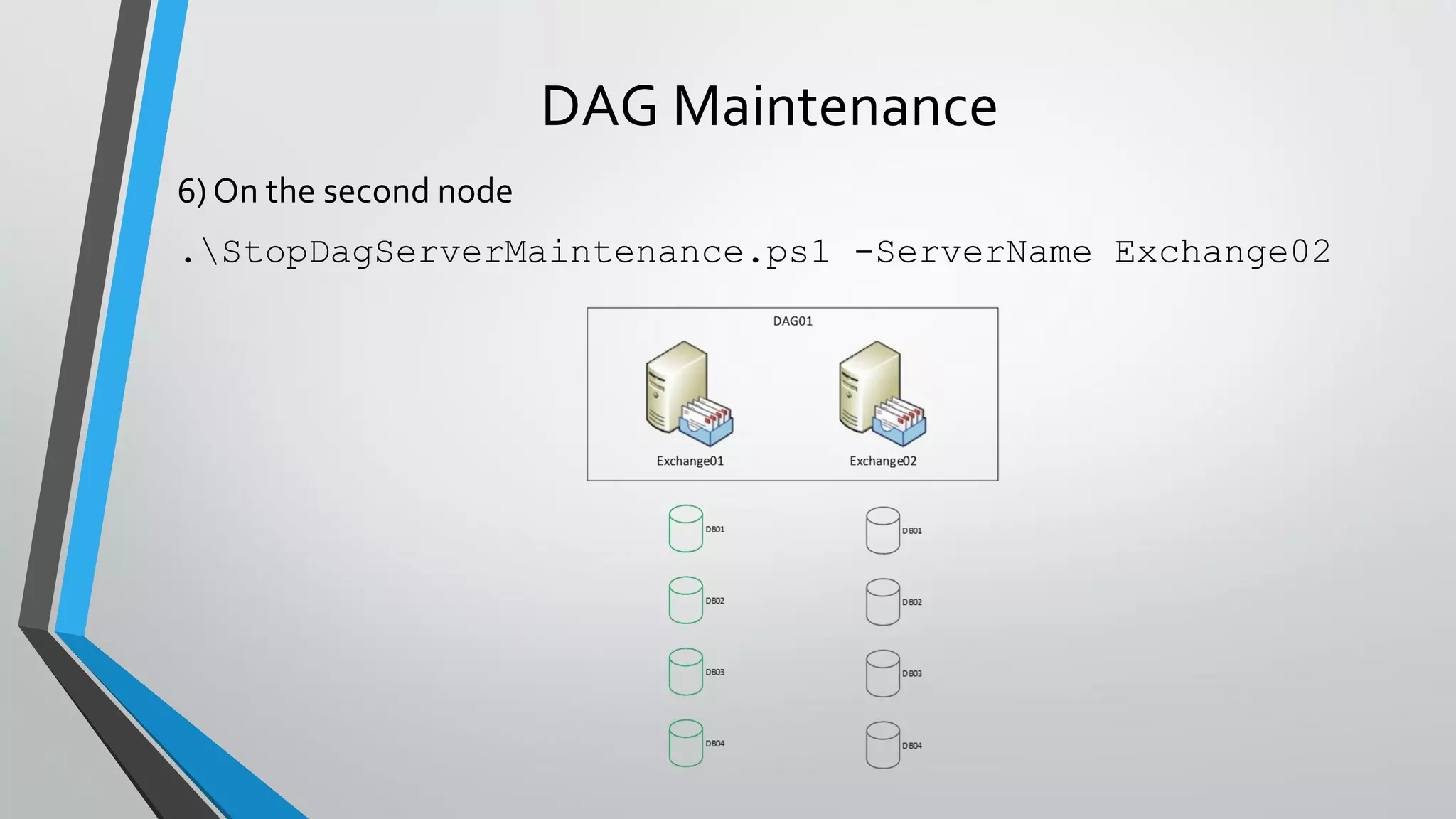 DAG Maintenance
6) On the second node
.StopDagServerMaintenance.ps1 -ServerName Exchange02
 