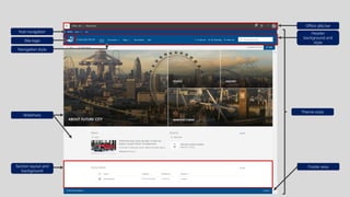 Header
background and
style
Office 365 bar
Hub navigation
Section layout and
background
Theme color
Navigation style
Footer area
Site logo
WebParts
 