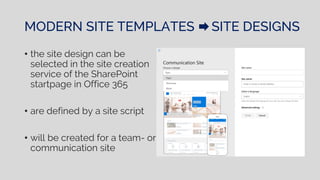 MODERN SITE TEMPLATES SITE DESIGNS
• the site design can be
selected in the site creation
service of the SharePoint
startpage in Office 365
• are defined by a site script
• will be created for a team- or
communication site
 