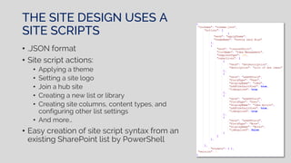 THE SITE DESIGN USES A
SITE SCRIPTS
• .JSON format
• Site script actions:
• Applying a theme
• Setting a site logo
• Join a hub site
• Creating a new list or library
• Creating site columns, content types, and
configuring other list settings
• And more…
• Easy creation of site script syntax from an
existing SharePoint list by PowerShell
 