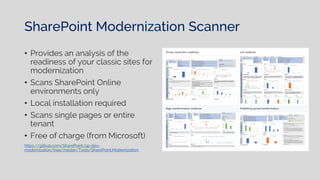 SharePoint Modernization Scanner
• Provides an analysis of the
readiness of your classic sites for
modernization
• Scans SharePoint Online
environments only
• Local installation required
• Scans single pages or entire
tenant
• Free of charge (from Microsoft)
https://github.com/SharePoint/sp-dev-
modernization/tree/master/Tools/SharePoint.Modernization
 
