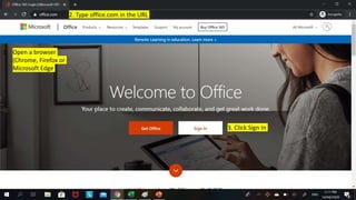 1. Open a browser
(Chrome, Firefox or
Microsoft Edge
2. Type office.com in the URL
3. Click Sign In
 