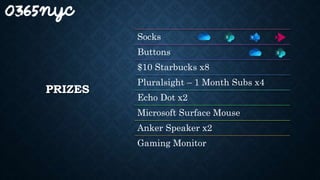 PRIZES
Socks
Buttons
$10 Starbucks x8
Pluralsight – 1 Month Subs x4
Echo Dot x2
Microsoft Surface Mouse
Anker Speaker x2
Gaming Monitor
 