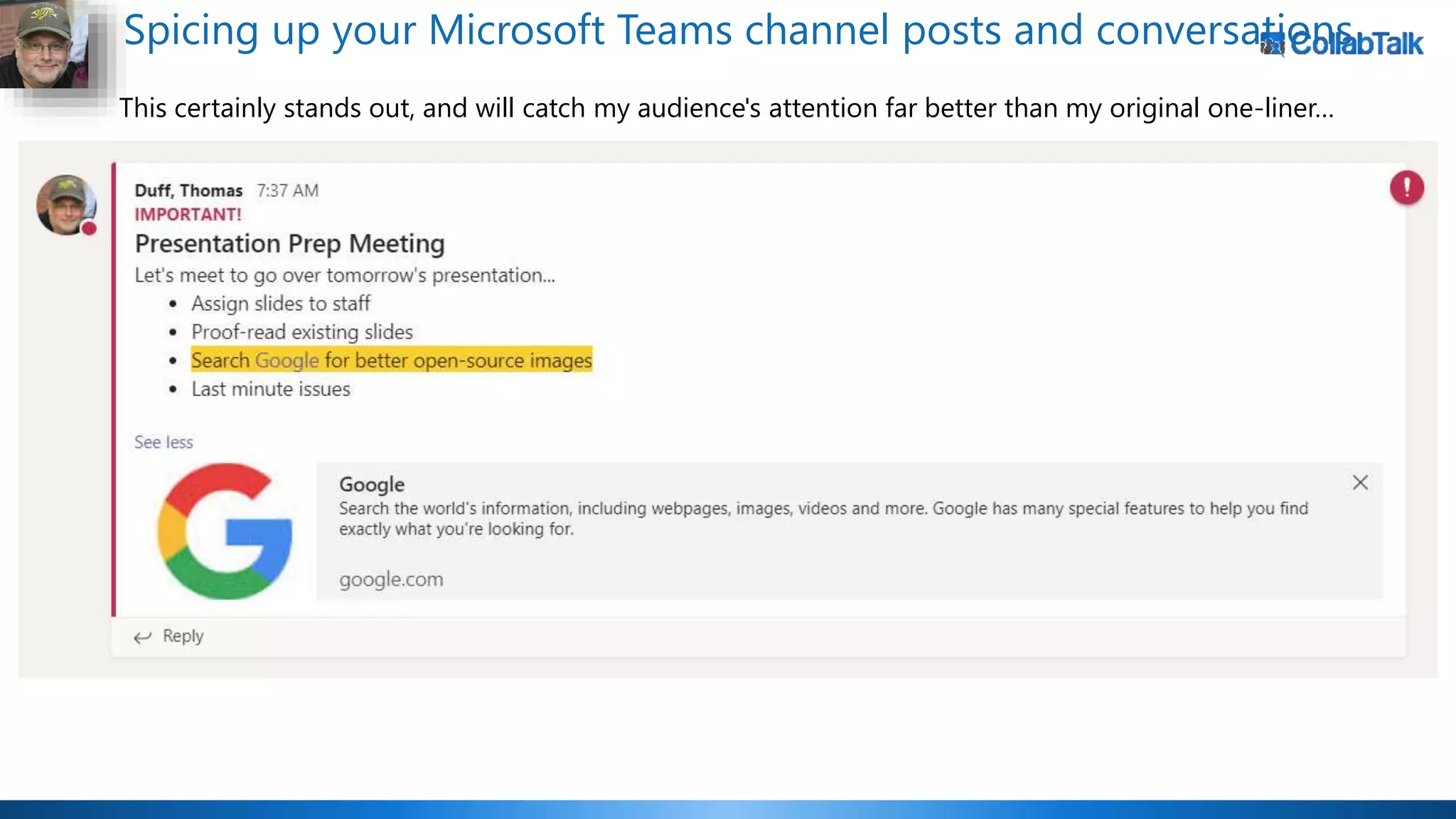 Spicing up your Microsoft Teams channel posts and conversations
This certainly stands out, and will catch my audience's attention far better than my original one-liner…
 