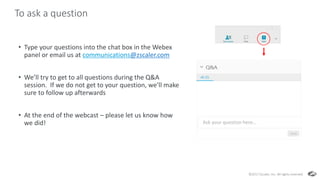 To ask a question
• Type your questions into the chat box in the Webex
panel or email us at communications@zscaler.com
• We’ll try to get to all questions during the Q&A
session. If we do not get to your question, we’ll make
sure to follow up afterwards
• At the end of the webcast – please let us know how
we did!
©2017 Zscaler, Inc. All rights reserved.
Ask your question here…
 
