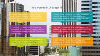 You wanted it…You got it! 
“I know exactly what’s happening in 
Sales and Marketing and understand 
what’s driving our sales pipeline and 
sales success” 
“I never have to rely on my Sales managers to 
provide me with up to date information, 
everything I need is there for me to access 
from anywhere and anytime” 
“I understand the potential revenue 
likely from our customers helping me to 
plan ahead and expand our operations 
accordingly” 
“It so easy to identify how many leads our 
marketing team produce and I can measure 
the quality against any activity or event” 
“My weekly sales meetings are so easy 
to manage. I know exactly how sales 
opportunities are progressing and who 
needs help to close out” 
“I can segment our data to delivery context 
sensitive marketing messages and can 
participate in events which relate to the 
needs of my target market” 
 