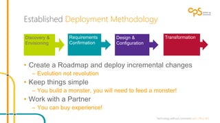 Established Deployment Methodology 
Discovery & 
Envisioning 
Requirements 
Confirmation 
• Create a Roadmap and deploy incremental changes 
– Evolution not revolution 
• Keep things simple 
– You build a monster, you will need to feed a monster! 
• Work with a Partner 
– You can buy experience! 
Design & 
Configuration 
Transformation 
 