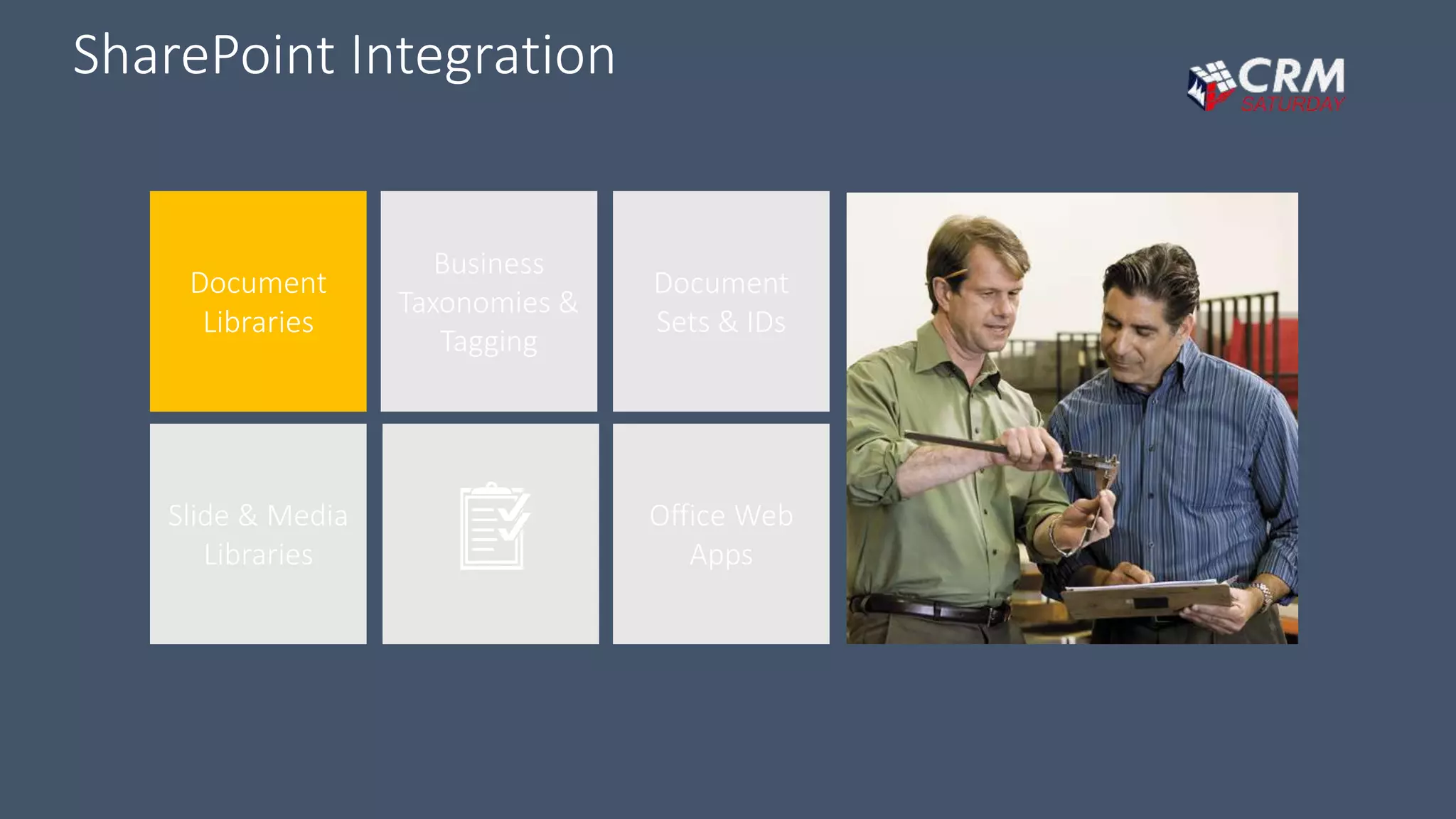 SharePoint Integration
Slide & Media
Libraries
Business
Taxonomies &
Tagging
Document
Sets & IDs
Office Web
Apps
Document
Libraries
 