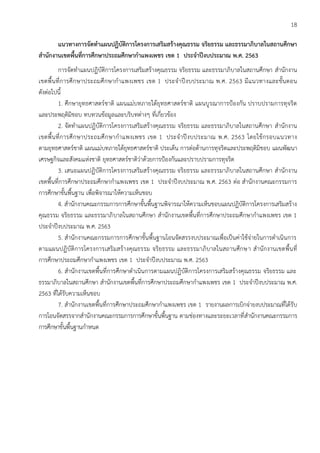 18
แนวทางการจัดทาแผนปฏิบัติการโครงการเสริมสร้างคุณธรรม จริยธรรม และธรรมาภิบาลในสถานศึกษา
สานักงานเขตพื้นที่การศึกษาประถมศึกษากาแพงเพชร เขต 1 ประจาปีงบประมาณ พ.ศ. 2563
การจัดทาแผนปฏิบัติการโครงการเสริมสร้างคุณธรรม จริยธรรม และธรรมาภิบาลในสถานศึกษา สานักงาน
เขตพื้นที่การศึกษาประถมศึกษากาแพงเพชร เขต 1 ประจาปีงบประมาณ พ.ศ. 2563 มีแนวทางและขั้นตอน
ดังต่อไปนี้
1. ศึกษายุทธศาสตร์ชาติ แผนแม่บทภายใต้ยุทธศาสตร์ชาติ แผนบูรณาการป้องกัน ปราบปรามการทุจริต
และประพฤติมิชอบ ทบทวนข้อมูลและบริบทต่างๆ ที่เกี่ยวข้อง
2. จัดทาแผนปฏิบัติการโครงการเสริมสร้างคุณธรรม จริยธรรม และธรรมาภิบาลในสถานศึกษา สานักงาน
เขตพื้นที่การศึกษาประถมศึกษากาแพงเพชร เขต 1 ประจาปีงบประมาณ พ.ศ. 2563 โดยใช้กรอบแนวทาง
ตามยุทธศาสตร์ชาติ แผนแม่บทภายใต้ยุทธศาสตร์ชาติ ประเด็น การต่อต้านการทุจริตและประพฤติมิชอบ แผนพัฒนา
เศรษฐกิจและสังคมแห่งชาติ ยุทธศาสตร์ชาติว่าด้วยการป้องกันและปราบปรามการทุจริต
3. เสนอแผนปฏิบัติการโครงการเสริมสร้างคุณธรรม จริยธรรม และธรรมาภิบาลในสถานศึกษา สานักงาน
เขตพื้นที่การศึกษาประถมศึกษากาแพงเพชร เขต 1 ประจาปีงบประมาณ พ.ศ. 2563 ต่อ สานักงานคณะกรรมการ
การศึกษาขั้นพื้นฐาน เพื่อพิจารณาให้ความเห็นชอบ
4. สานักงานคณะกรรมการการศึกษาขั้นพื้นฐานพิจารณาให้ความเห็นชอบแผนปฏิบัติการโครงการเสริมสร้าง
คุณธรรม จริยธรรม และธรรมาภิบาลในสถานศึกษา สานักงานเขตพื้นที่การศึกษาประถมศึกษากาแพงเพชร เขต 1
ประจาปีงบประมาณ พ.ศ. 2563
5. สานักงานคณะกรรมการการศึกษาขั้นพื้นฐานโอนจัดสรรงบประมาณเพื่อเป็นค่าใช้จ่ายในการดาเนินการ
ตามแผนปฏิบัติการโครงการเสริมสร้างคุณธรรม จริยธรรม และธรรมาภิบาลในสถานศึกษา สานักงานเขตพื้นที่
การศึกษาประถมศึกษากาแพงเพชร เขต 1 ประจาปีงบประมาณ พ.ศ. 2563
6. สานักงานเขตพื้นที่การศึกษาดาเนินการตามแผนปฏิบัติการโครงการเสริมสร้างคุณธรรม จริยธรรม และ
ธรรมาภิบาลในสถานศึกษา สานักงานเขตพื้นที่การศึกษาประถมศึกษากาแพงเพชร เขต 1 ประจาปีงบประมาณ พ.ศ.
2563 ที่ได้รับความเห็นชอบ
7. สานักงานเขตพื้นที่การศึกษาประถมศึกษากาแพงเพชร เขต 1 รายงานผลการเบิกจ่ายงบประมาณที่ได้รับ
การโอนจัดสรรจากสานักงานคณะกรรมการการศึกษาขั้นพื้นฐาน ตามช่องทางและระยะเวลาที่สานักงานคณะกรรมการ
การศึกษาขั้นพื้นฐานกาหนด
 