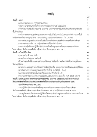 ข
สารบัญ
หน้า
ส่วนที่ 1 บทนา 1
สภาพการณ์ทุจริตคอร์รัปชันในประเทศไทย 1
ข้อมูลของสานักงานเขตพื้นที่การศึกษาประถมศึกษากาแพงเพชร เขต 1 4
การดาเนินงานเสริมสร้างคุณธรรม จริยธรรม และธรรมาภิบาลในสถานศึกษา ของสานักงานเขต
พื้นที่การศึกษา
xx
การวิเคราะห์ผลการประเมินคุณธรรมและความโปร่งใสในการดาเนินงานของสานักงานเขตพื้นที่
การศึกษาออนไลน์ (Integrity and Transparency Assessment Online : ITA Online)
xx
ผลการประเมินคุณธรรมและความโปร่งใสในการดาเนินงานของสานักงานเขตพื้นที่การศึกษา xx
การนาผลการประเมิน ITA ไปสู่การปรับปรุงแก้ไขการดาเนินงาน xx
แนวทางการจัดทาแผนปฏิบัติการโครงการเสริมสร้างคุณธรรม จริยธรรม และธรรมาภิบาล
ในสถานศึกษา สานักงานเขตพื้นที่การศึกษา ประจาปีงบประมาณ พ.ศ. 2563
xx
ส่วนที่ 2 บริบทที่เกี่ยวข้อง xx
ยุทธศาสตร์ชาติ ระยะ 20 ปี xx
แผนแม่บทภายใต้ยุทธศาสตร์ชาติ xx
เป้าหมายและตัวชี้วัดของแผนแม่บทภายใต้ยุทธศาสตร์ชาติ ประเด็น การต่อต้านการทุจริตและ
ประพฤติมิชอบ
xx
แผนย่อยของแผนแม่บทภายใต้ยุทธศาสตร์ชาติประเด็น การต่อต้านการทุจริตและประพฤติมิชอบ xx
แผนพัฒนาเศรษฐกิจและสังคมแห่งชาติ ฉบับที่ 12 (พ.ศ.2560 - 2564) xx
โมเดลประเทศไทยสู่ความมั่นคง มั่งคั่ง และยั่งยืน (Thailand 4.0) xx
ยุทธศาสตร์ชาติว่าด้วยการป้องกันและปราบปรามการทุจริต ระยะที่ 3 (พ.ศ. 2560 - 2564) xx
ส่วนที่ 3 แผนปฏิบัติการโครงการเสริมสร้างคุณธรรม จริยธรรม และธรรมาภิบาลในสถานศึกษา
สานักงานเขตพื้นที่การศึกษาสานักงานเขตพื้นที่การศึกษาประถมศึกษากาแพงเพชร เขต 1
ประจาปีงบประมาณ พ.ศ. 2563
xx
แผนปฏิบัติการโครงการเสริมสร้างคุณธรรม จริยธรรม และธรรมาภิบาลในสถานศึกษา
สานักงานเขตพื้นที่การศึกษาประถมศึกษากาแพงเพชร เขต 1ประจาปีงบประมาณ พ.ศ. 2563
xx
แบบสรุปโครงการ/กิจกรรมแผนปฏิบัติการโครงการเสริมสร้างคุณธรรม จริยธรรม และธรรมาภิบาล
ในสถานศึกษา สานักงานเขตพื้นที่การศึกษา ประจาปีงบประมาณ พ.ศ. 2563
xx
 