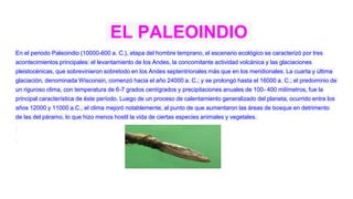 EL PALEOINDIO
En el periodo Paleoindio (10000-600 a. C.), etapa del hombre temprano, el escenario ecológico se caracterizó...