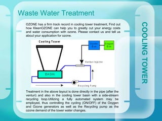 Waste Water Treatment
COOLINGTOWER
OZONE has a firm track record in cooling tower treatment, Find out
how KleenOZONE can help you to greatly cut your energy costs
and water consumption with ozone. Please contact us and tell us
about your application for ozone.
Treatment in the above layout is done directly in the pipe (after the
venturi) and also in the cooling tower basin with a side-stream
recycling loop.Utilizing a fully automated system may be
employed, thus controlling the cycling (ON/OFF) of the Oxygen
and Ozone generators as well as the Recycling pump as the
ozone demand of the tower water changes.
 