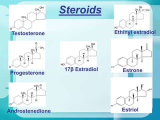 EstriolAndrostenedione
Progesterone
Testosterone
17β Estradiol
Ethinyl estradiol
Estrone
Steroids
 