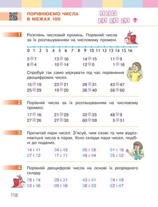 118
ПОРІВНЮЄМО ЧИСЛА
В МЕЖАХ 100
1. .Розглянь. числовий. промінь .. Порівняй. числа.
за. їх. розташуванням. на. числовому. промені ..
0 1 2 3 4 5 6 7 8 9 10 11 12 13 14 15 16
3. .7. 13. .16. 14. .15. 11. .9
8. .4. 10. .14. 12. .0. . .1. .16
. Спробуй. так. само. міркувати. під. час. порівняння.
дво.цифрових.чисел .
15. .19. 23. .21. 28. .31. 43. .47
25. .29. 19. .20. 36. .40. 58. .60
2. Порівняй. числа. за. їх. розташуванням. на. числовому.
.промені ..
17. .16. 21. .29. 32. .35. 48. .9
27. .26. 27. .30. 60. .59. . .5. .51
3. Прочитай. пари. чисел .. З’ясуй,. чим. схожі. та. чим. відріз-
няються.числа.в.парах ..Усно.склади.пари.чисел,.подіб-
ні.до.поданих .
14.і.41. 34.і.43. 85.і.58. 61.і.16
27.і.72. 17.і.71. 49.і.94. 25.і.52
4. Порівняй. двоцифрові. числа. на. основі. їх. розрядного.
.складу .
78.і.74. 29.і.31. 43.і.41. 74.і.59
53.і.56. 86.і.56. 38.і.83. 62.і.67
1
2
3
4
3 9 3 5 9 3
3 5 9
 