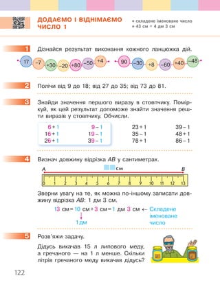122
ДОДАЄМО І ВІДНІМАЄМО
ЧИСЛО 1
1 Дізнайся результат виконання кожного ланцюжка дій.
+40–30 +8 –60
–4890–7 –50+80+30 –20
17 +4
2 Полічи від 9 до 18; від 27 до 35; від 73 до 81.
3 Знайди значення першого виразу в стовпчику. Помір-
куй, як цей результат допоможе знайти значення реш-
ти виразів у стовпчику. Обчисли.
6+1 9–1
16+1 19–1
26+1 39–1
23+1 39–1
35–1 48+1
78+1 86–1
4 Визнач довжину відрізка АВ у сантиметрах.
0 1 2 3 4 5 6 7 8 9 10 11 12 13
А Bсм
Зверни увагу на те, як можна по-іншому записати дов-
жину відрізка АВ: 1 дм 3 см.
13 см=10 см+3 см=1 дм 3 см ← Складене
іменоване
число
5 Розв’яжи задачу.
Дідусь викачав 15 л липового меду,
а гречаного — на 1 л менше. Скільки
літрів гречаного меду викачав дідусь?
1
2
3
4
1дм
5
складене іменоване число
43 см = 4 дм 3 см
 