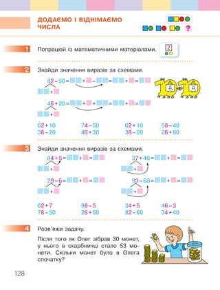 128
ДОДАЄМО І ВІДНІМАЄМО
ЧИСЛА
1 Попрацюй із математичними матеріалами.
2 Знайди значення виразів за схемами.
46+20= + + = + =
+
82–50= + – = + =
+
62+10 74–50 62+10 58–40
38–20 46+30 38–20 26+60
3 Знайди значення виразів за схемами.
84+5= + =
+
29–6= + =
+
37+40= + =
+
93–60= + =
+
62+7 98–5 34+5 46–3
78–50 26+50 82–60 34+40
4 Розв’яжи задачу.
Після того як Олег зібрав 30 монет,
у нього в скарбничці стало 53 мо-
нети. Скільки монет було в Олега
спочатку?
1 2
2
3
4
 