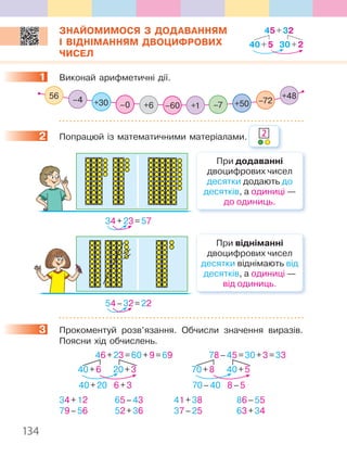 134
ЗНАЙОМИМОСЯ З ДОДАВАННЯМ
І ВІДНІМАННЯМ ДВОЦИФРОВИХ
ЧИСЕЛ
1 Виконай арифметичні дії.
56 –4
+1+30 +6 –60 –7 +50 –72
+48
–0
2 Попрацюй із математичними матеріалами.
При додаванні
двоцифрових чисел
десятки додають до
десятків, а одиниці —
до одиниць.
34+23=57
При відніманні
двоцифрових чисел
десятки віднімають від
десятків, а одиниці —
від одиниць.
54–32=22
3 Прокоментуй розв’язання. Обчисли значення виразів.
Поясни хід обчислень.
46+23=60+9=69
40+20 6+3
20+340+6
78–45=30+3=33
70–40 8–5
40+570+8
34+12 65–43 41+38 86–55
79–56 52+36 37–25 63+34
1
2 2
3
45+32
30+240+5
 
